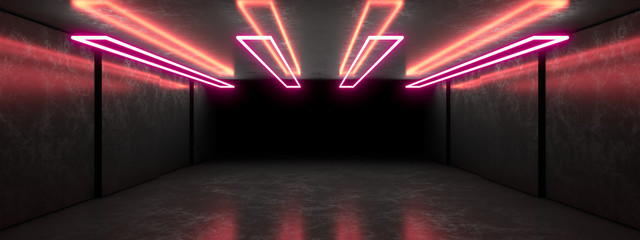 Red neon lamps in a dark tunnel. Reflections on the walls.