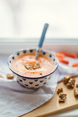 Spicy pumpkin soup with croutons