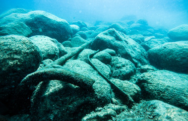 Marine pollution.  Rubbish underwater. Save the ocean.
