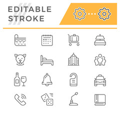 Set editable stroke line icons of hotel