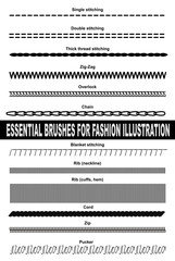 Brushes for fashion illustration. Single stitching, double stitching, thick thread stitching, zig-zag, overlock, chain, blanket stitching, rib, cord, zip and pucker. - obrazy, fototapety, plakaty