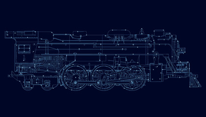Wireframe of an old train of blue lines on a dark background with luminous lights. Side view. Vector illustration