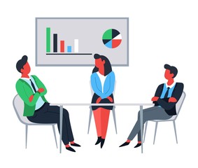 Business office workers at table and financial graphic and chart