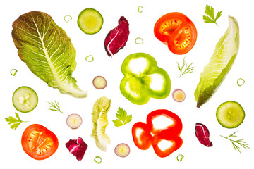 Salad ingredients isolated and flat layed on a white background