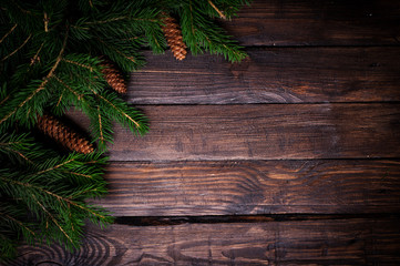 Christmas card close-up, fir tree with cones and gifts.