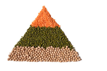 Pyramid various raw legumes - chickpeas, mung, red lentil. Isolated on white background