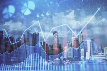 Forex chart on cityscape with skyscrapers wallpaper multi exposure. Financial research concept. - obrazy, fototapety, plakaty