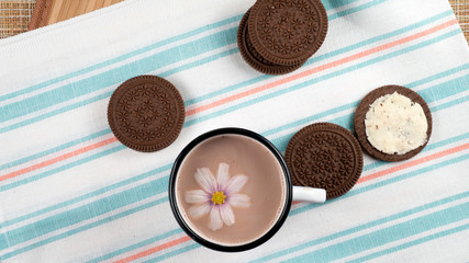 morning, cookies, chocolate milk, notebook flatlay