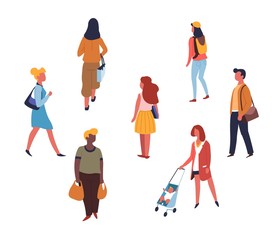 People walking or on shopping adults teen and children isolated characters