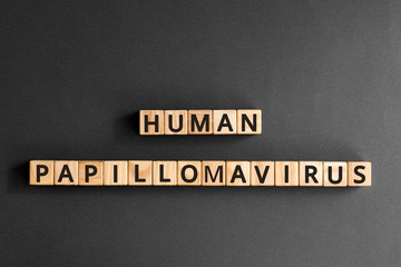 Human Papillomavirus - word from wooden blocks with letters, Human Papillomavirus HPV concept,  top view on grey background