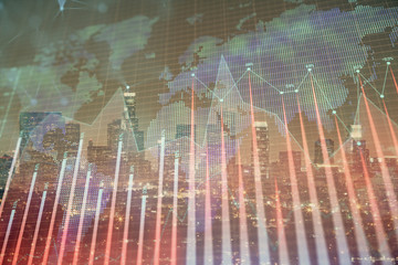 Multi exposure of forex chart drawings over cityscape background. Concept of success.