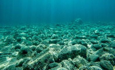 Rock underwater on the seabed in the Mediterranean sea, natural scene. Underwater photography.