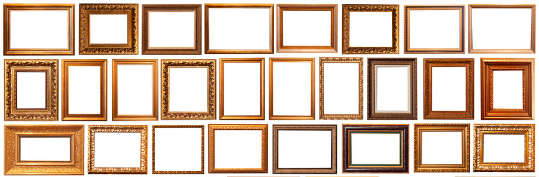 Collection of golden picture frames isolated on white background set
