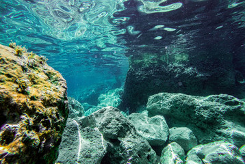 Rock underwater on the seabed in the Mediterranean sea, natural scene. Underwater photography.