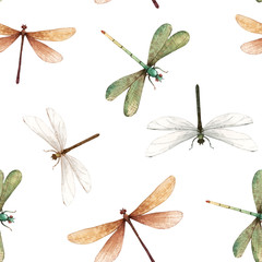 Watercolor vector summer dragonfly insect colourful seamless pattern - obrazy, fototapety, plakaty