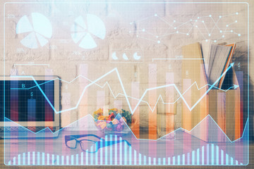 Multi exposure of forex chart and work space with computer. Concept of international online trading.