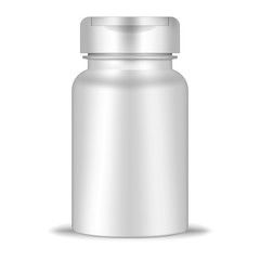 Round container with flip top cap, realistic mockup. White blank plastic bottle, vector template. Medical pill, dietary supplement, vitamin package mock-up