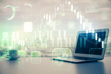 Forex Chart hologram on table with computer background. Multi exposure. Concept of financial markets.