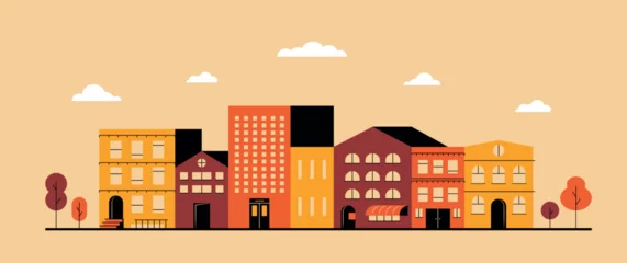 Poster City landscape astract horizontal banner. Vector flat town block in minimal geometric style, cityscape with buildings and trees illustration, simple background design © Yelyzaveta