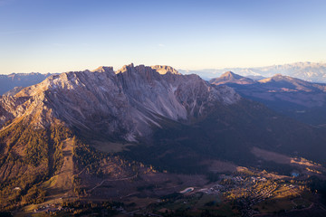 Fototapeta premium Beautiful morning in Dolomites. Sunrise illuminates the valley