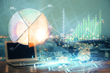 Multi exposure of forex graph and work space with computer. Concept of international online trading.