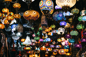 Moroccan or Turkish mosaic lamps and lanterns background; selective focus - obrazy, fototapety, plakaty