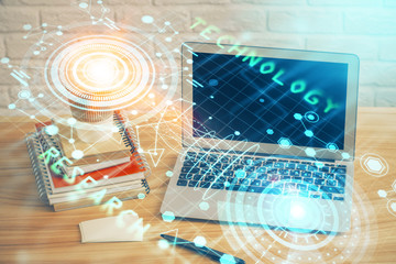 Technology theme drawing and table with computer. Double exposure. Concept of information.