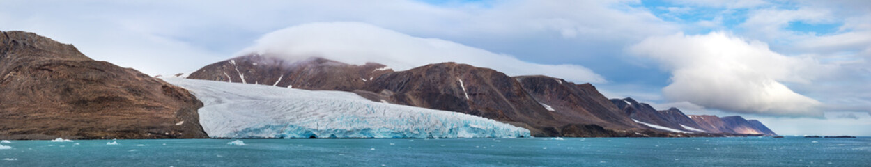 Panorama of the glacier in Fitzroy Fjord, Devon Island, Nunavut, Northern Canada.