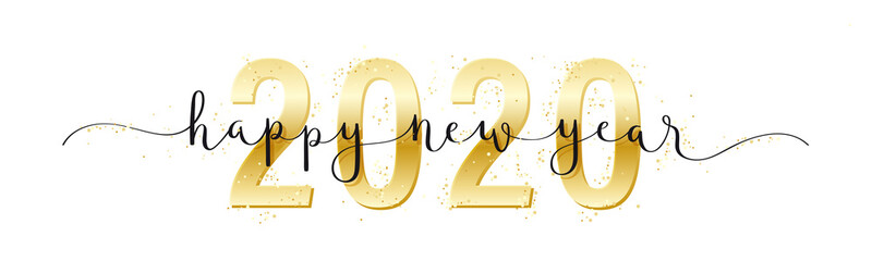 HAPPY NEW YEAR 2020 black and metallic gold vector brush calligraphy banner with swashes and confetti © HowLettery Studio