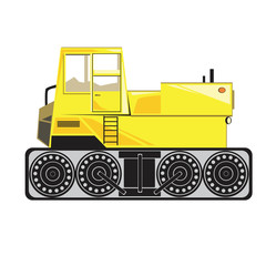 A yellow vector single tracked tractor with cab isolated on white background