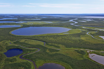 Tundra landscape in summer, Taymyr peninsula, aerial view