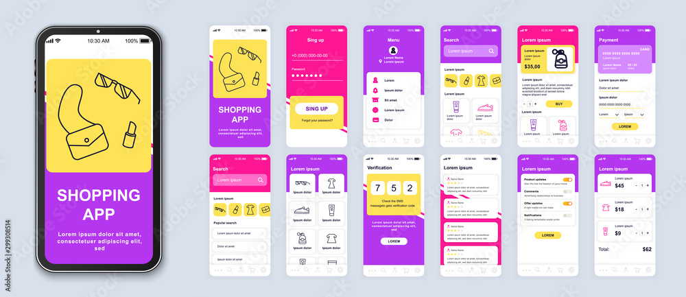 Poster Shopping app smartphone interface vector templates set. Online clothes store web page design layout. Pack of UI, UX, GUI screens for application. Phone display. Mobile shop web design kit