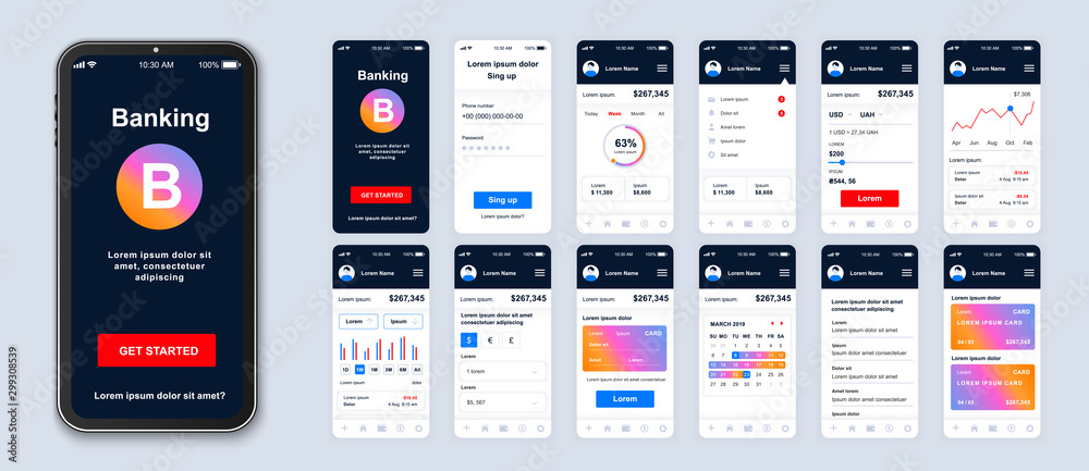 Poster Mobile banking app smartphone interface vector templates set. Financial services online web page design layout. Pack of UI, UX, GUI screens for application. Phone display. Web design kit