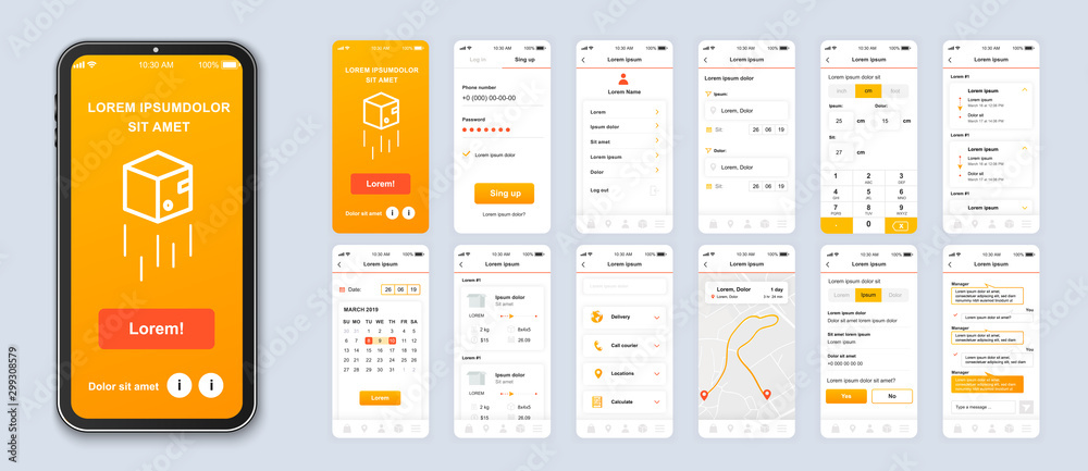 Aufkleber delivery mobile app smartphone interface vector templates set. online parcel shipping web page desig