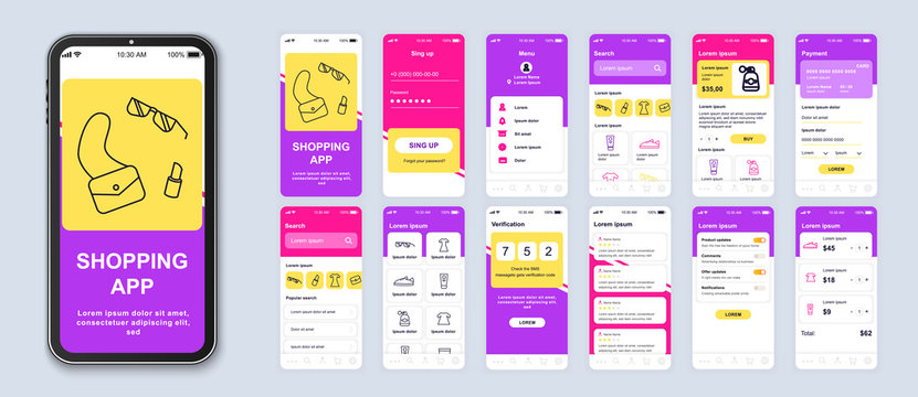 Shopping app smartphone interface vector templates set. Online clothes store web page design layout. Pack of UI, UX, GUI screens for application. Phone display. Mobile shop web design kit