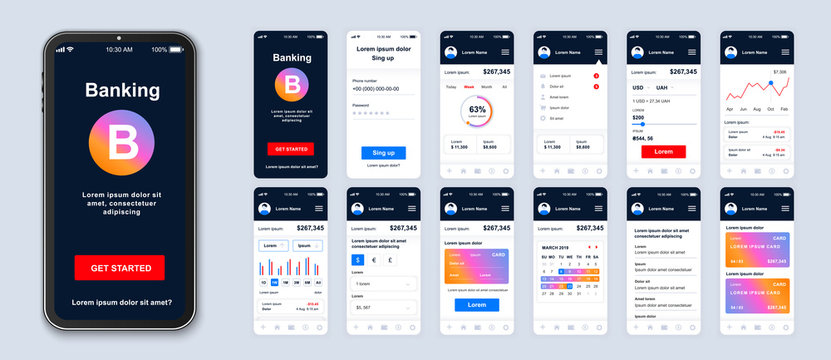 Mobile banking app smartphone interface vector templates set. Financial services online web page design layout. Pack of UI, UX, GUI screens for application. Phone display. Web design kit