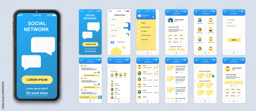 Aufkleber social network mobile app interface design vector templates set. online chatting. internet communica