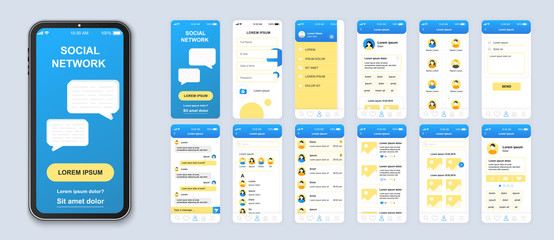 Social network mobile app interface design vector templates set. Online chatting. Internet communication. Web page design layouts kit. Pack of UI, UX, GUI screens for application. Phone display - obrazy, fototapety, plakaty
