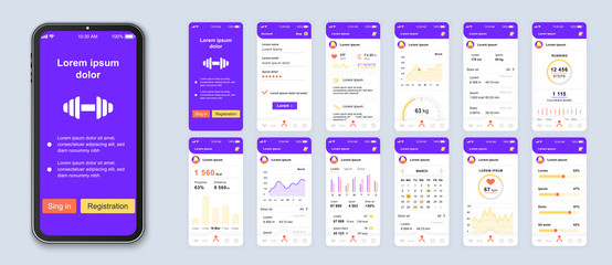 Fitness mobile app interface design vector templates set. Calorie counter. Healthcare and lifestyle web page design layout. Pack of UI, UX, GUI screens for application kit. Phone display - obrazy, fototapety, plakaty