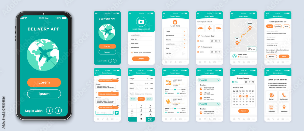 Poster delivery smartphone interface vector templates set. mobile app page green design layout. pack of ui,