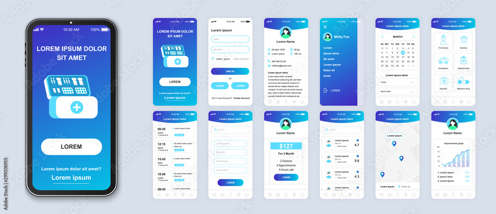 Poster medicine smartphone interface vector templates set. healthcare mobile app page blue design layout. p
