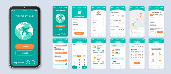 Delivery smartphone interface vector templates set. Mobile app page green design layout. Pack of UI, UX, GUI screens for application. Phone display. Worldwide parcel shipping web design kit