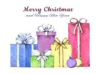 Christmas colorful gift boxes and balls. Hand painted in watercolor.
