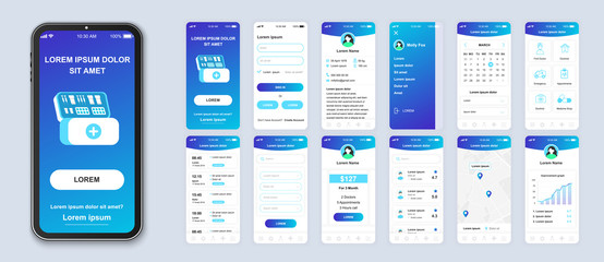 Medicine smartphone interface vector templates set. Healthcare mobile app page blue design layout. Pack of UI, UX, GUI screens for application. Phone display. Web design for online clinic kit - obrazy, fototapety, plakaty