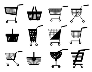 Shopping carts silhouette or shop supermarket trolley baskets vector different types flat isolated icons set.