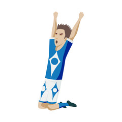 Football player character showing actions. Cheerful soccer player jumping, celebrating victory. Simple style vector illustration.