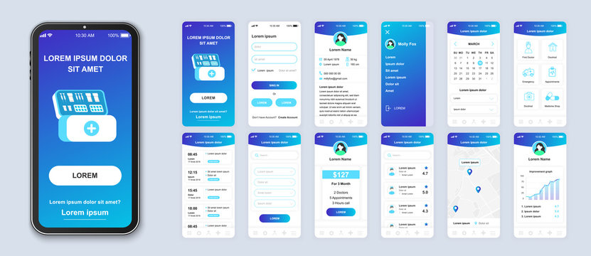 Medicine smartphone interface vector templates set. Healthcare mobile app page blue design layout. Pack of UI, UX, GUI screens for application. Phone display. Web design for online clinic kit