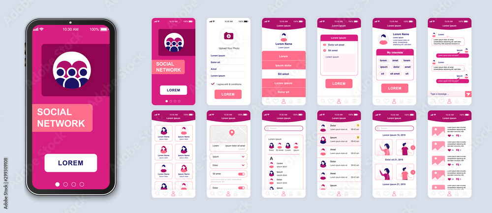Poster social network smartphone interface vector templates set. internet communication. mobile app page pi