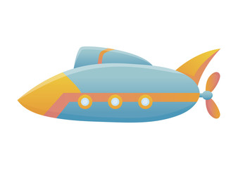 Yellow and blue submarine undersea cartoon style bathyscaphe underwater ship, diving exploring at the bottom of sea flat vector design.