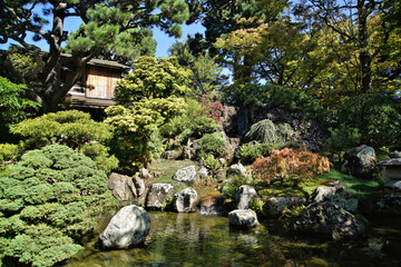 Fototapeta na wymiar Scene from the walkway of a beautiful majestic peaceful Japanese garden 